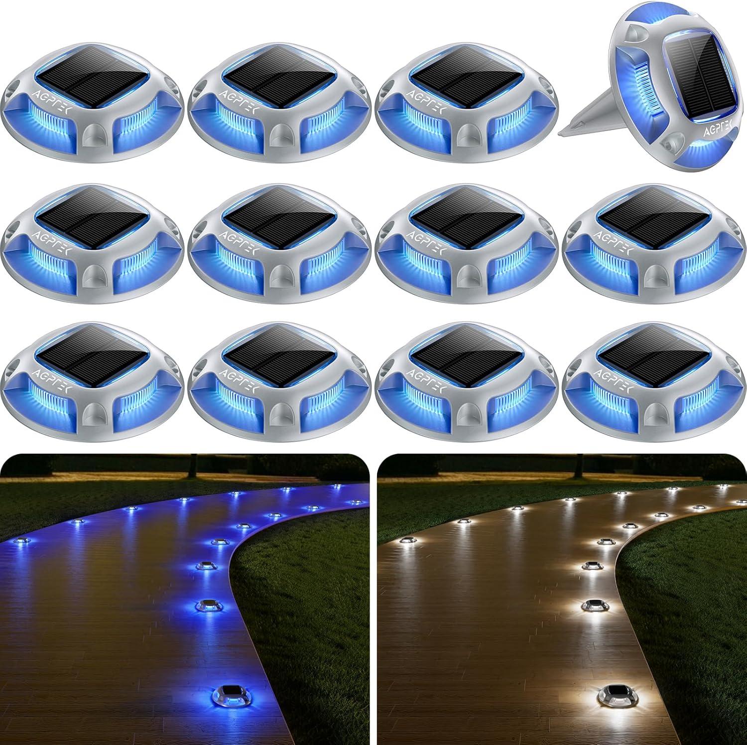 imageAGPTEK Solar Driveway Lights 12 Pack 2 Colors in 1 Outdoor Solar Deck Dock Marine Waterproof LED Driveway Marker Security Lights for Outside PathwayBoat DockStepWalkwayPathGarden Blue ampamp WhiteBlue Light  White Light