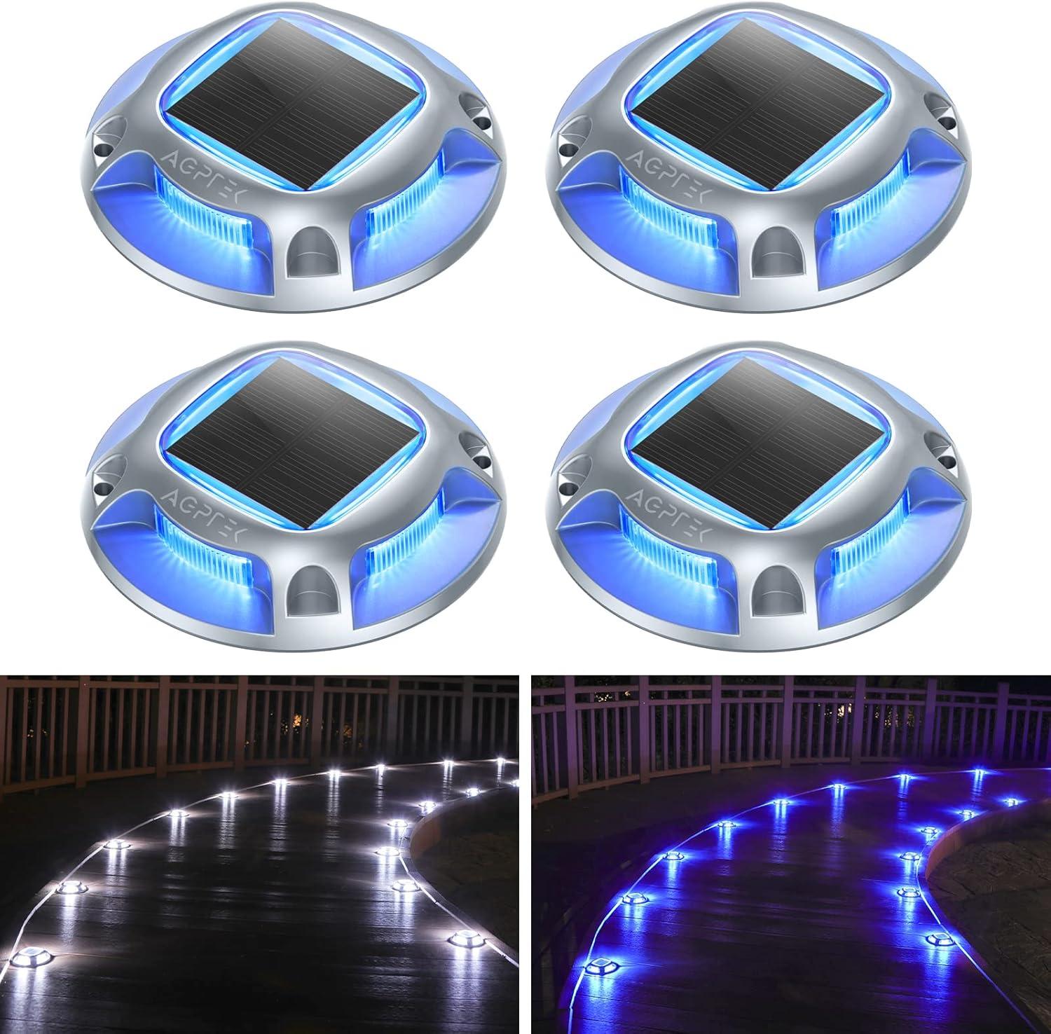 imageAGPTEK Solar Driveway Lights Outdoor 12 Pack 2 Color Modes LED Deck Dock Marine Waterproof Driveway Marker Lights for Step Sidewalk Stair Garden Pathway Walkway Yard Warm WhiteCool WhiteBlue Light  Cool White