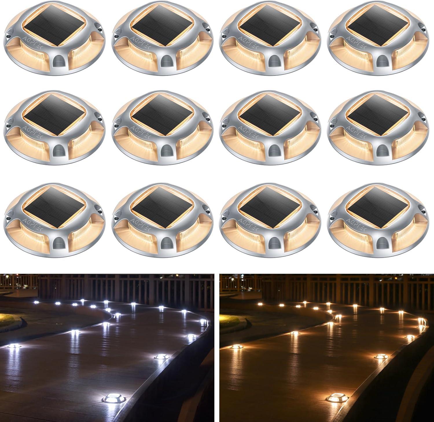imageAGPTEK Solar Driveway Lights Outdoor 12 Pack 2 Color Modes LED Deck Dock Marine Waterproof Driveway Marker Lights for Step Sidewalk Stair Garden Pathway Walkway Yard Warm WhiteCool WhiteWarm White  Cool White