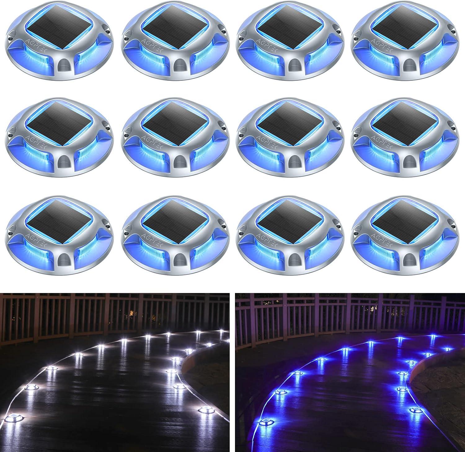 imageAGPTEK Solar Driveway Lights Outdoor 12 Pack 2 Color Modes LED Deck Dock Marine Waterproof Driveway Marker Lights for Step Sidewalk Stair Garden Pathway Walkway Yard Warm WhiteCool WhiteBlue Light  Cool White