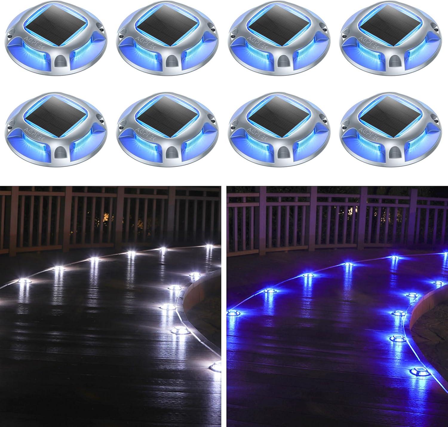 imageAGPTEK Solar Driveway Lights Outdoor 12 Pack 2 Color Modes LED Deck Dock Marine Waterproof Driveway Marker Lights for Step Sidewalk Stair Garden Pathway Walkway Yard Warm WhiteCool WhiteBlue Light  Cool White