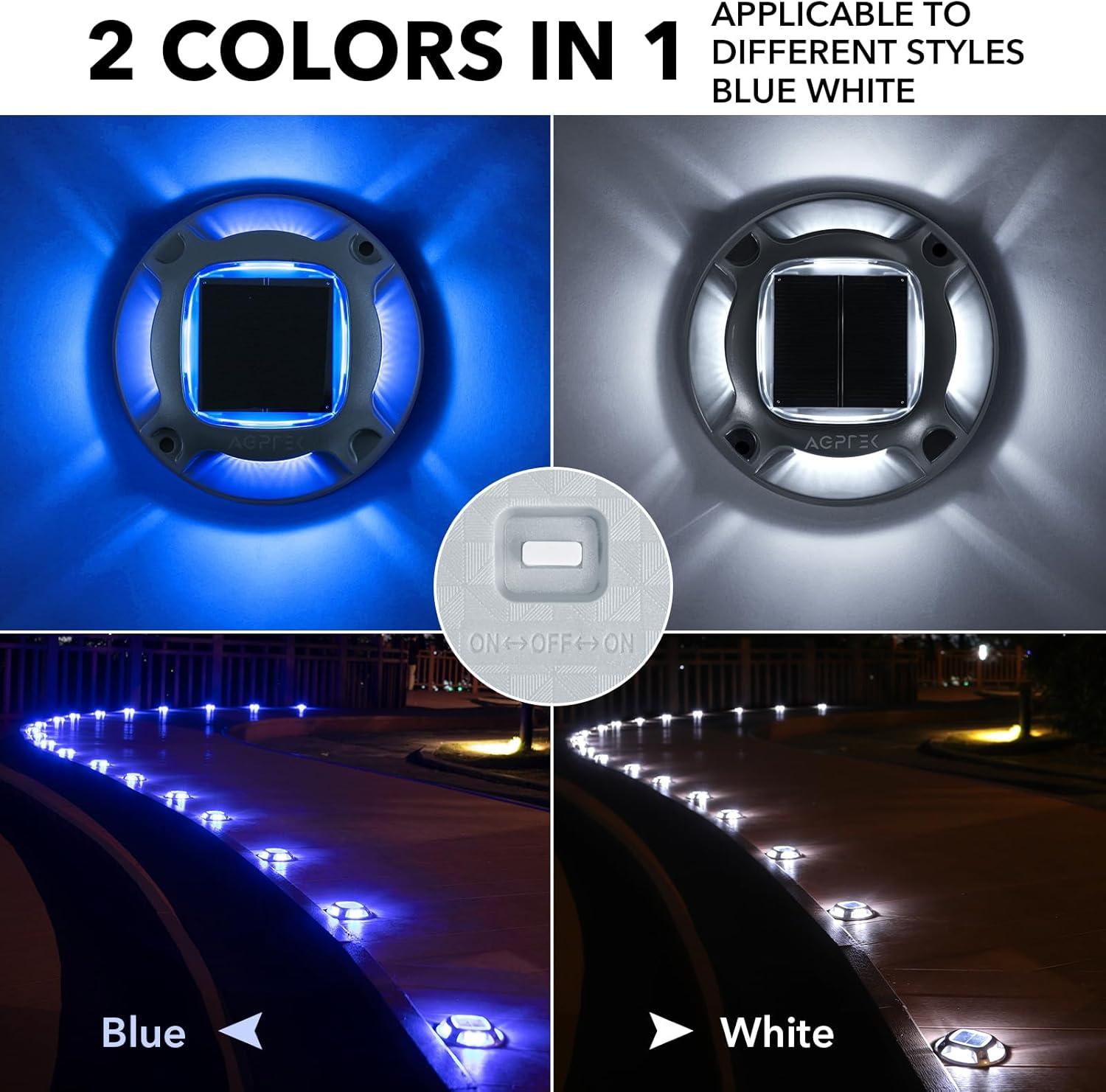 imageAGPTEK Solar Driveway Lights Outdoor 12 Pack 2 Color Modes LED Deck Dock Marine Waterproof Driveway Marker Lights for Step Sidewalk Stair Garden Pathway Walkway Yard Warm WhiteCool WhiteBlue Light  Cool White