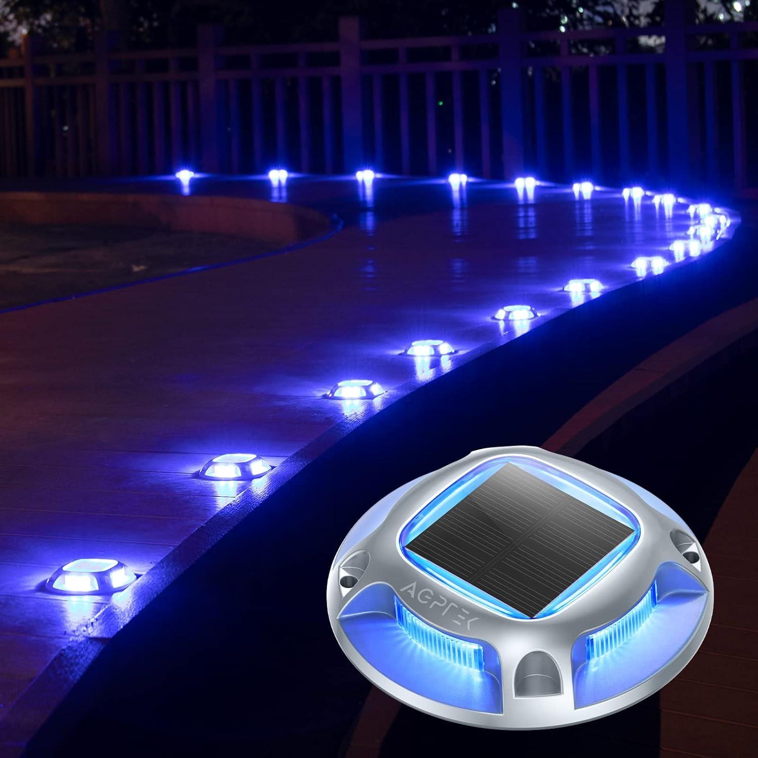 imageAGPTEK Solar Driveway Lights Outdoor 12 Pack 2 Color Modes LED Deck Dock Marine Waterproof Driveway Marker Lights for Step Sidewalk Stair Garden Pathway Walkway Yard Warm WhiteCool WhiteBlue Light  Cool White
