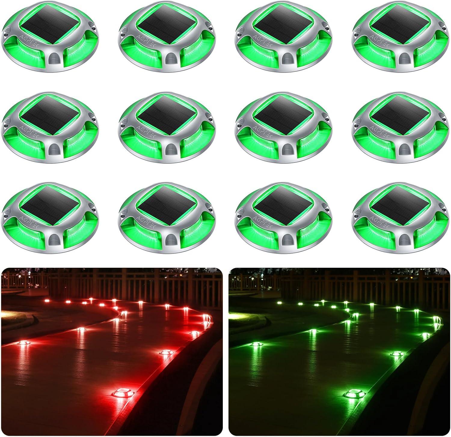 imageAGPTEK Solar Driveway Lights Outdoor 12 Pack 2 Color Modes LED Deck Dock Marine Waterproof Driveway Marker Lights for Step Sidewalk Stair Garden Pathway Walkway Yard Warm WhiteCool WhiteGreen Light  Red Light