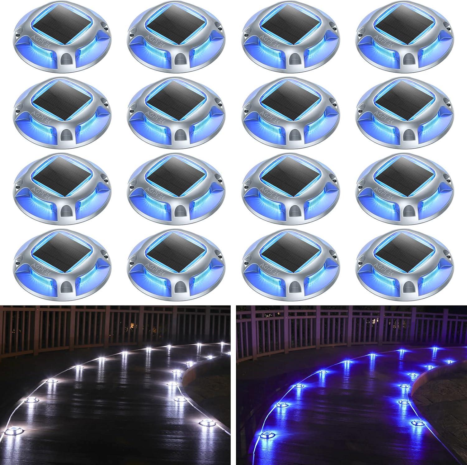 imageAGPTEK Solar Driveway Lights Outdoor 12 Pack 2 Color Modes LED Deck Dock Marine Waterproof Driveway Marker Lights for Step Sidewalk Stair Garden Pathway Walkway Yard Warm WhiteCool WhiteBlue Light  Cool White