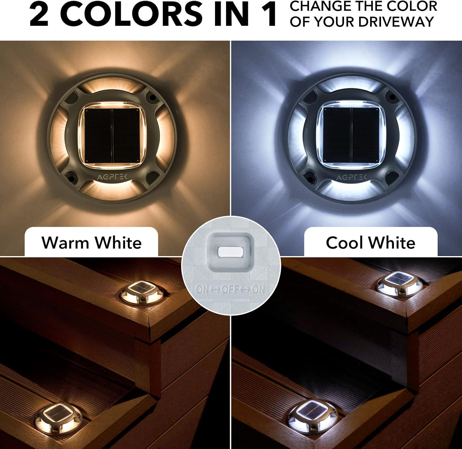imageAGPTEK Solar Driveway Lights Outdoor 12 Pack 2 Color Modes LED Deck Dock Marine Waterproof Driveway Marker Lights for Step Sidewalk Stair Garden Pathway Walkway Yard Warm WhiteCool WhiteWarm White  Cool White