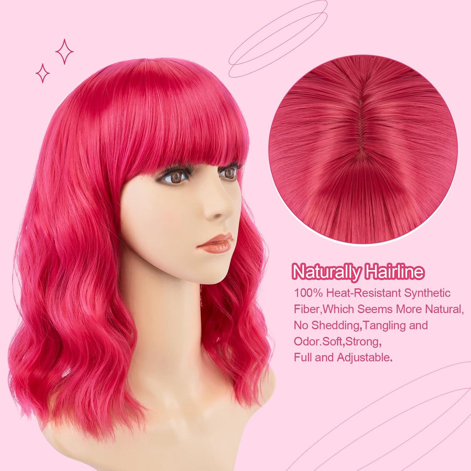 imageAGPTEK Wig Synthetic Wig for Women Wavy Colored Realistic Wig with Bangs Great for Party Cosplay DailyUse and Festivals Blonde 137inchHot Pink