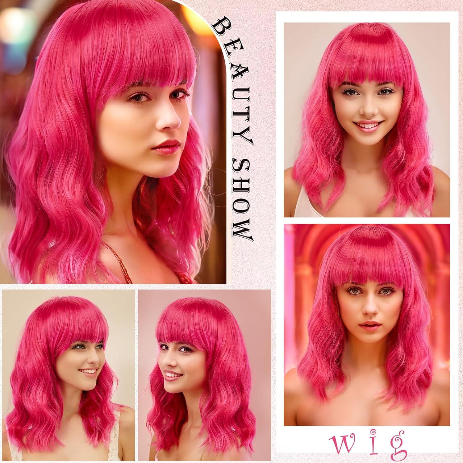 imageAGPTEK Wig Synthetic Wig for Women Wavy Colored Realistic Wig with Bangs Great for Party Cosplay DailyUse and Festivals Blonde 137inchHot Pink