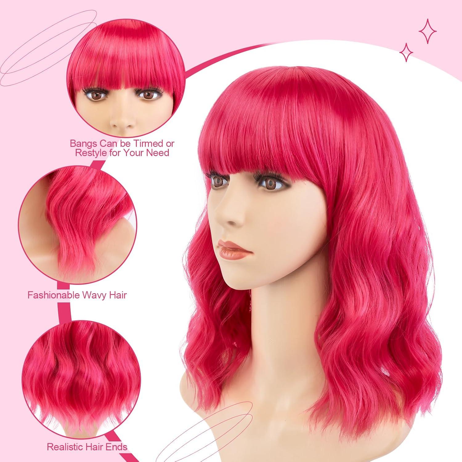 imageAGPTEK Wig Synthetic Wig for Women Wavy Colored Realistic Wig with Bangs Great for Party Cosplay DailyUse and Festivals Blonde 137inchHot Pink