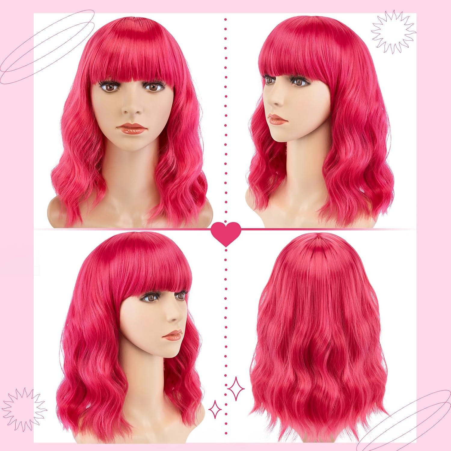 imageAGPTEK Wig Synthetic Wig for Women Wavy Colored Realistic Wig with Bangs Great for Party Cosplay DailyUse and Festivals Blonde 137inchHot Pink