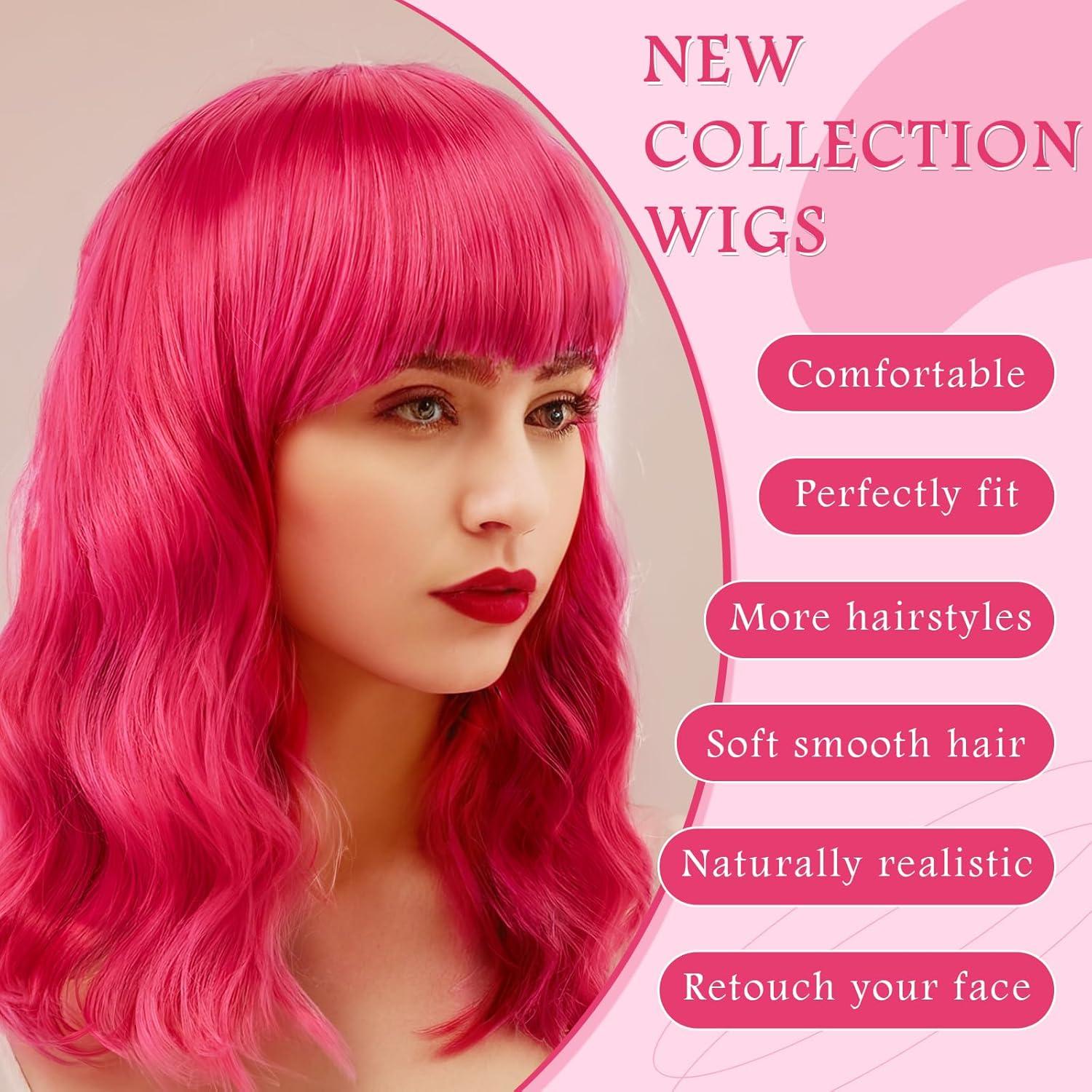 imageAGPTEK Wig Synthetic Wig for Women Wavy Colored Realistic Wig with Bangs Great for Party Cosplay DailyUse and Festivals Blonde 137inchHot Pink