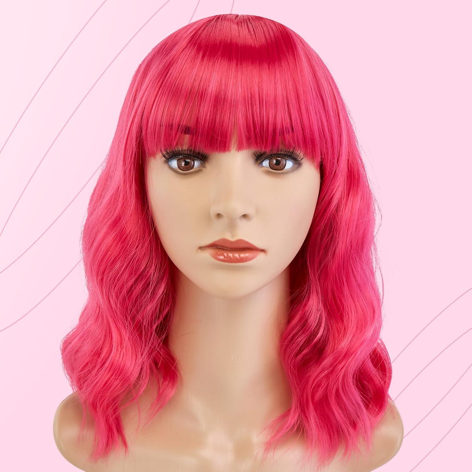 imageAGPTEK Wig Synthetic Wig for Women Wavy Colored Realistic Wig with Bangs Great for Party Cosplay DailyUse and Festivals Blonde 137inchHot Pink