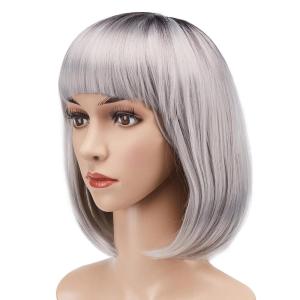 imageAGPTEK 13 Inches Straight Heat Resistant Short Bob Hair Wigs with Flat Bangs for Women Cosplay Daily Party  BlackGrey