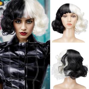 imageAGPTEK Cosplay Synthetic Wavy Wigs 126inch Black and White Wig Cruella Deville Wig Heat Resistant Fiber Soft and Smooth Texture Wig Perfect for Halloween WigCosplay and Festive Decorations