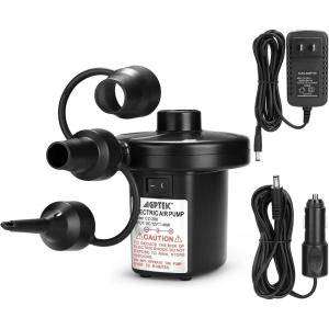imageAGPTEK Electric Air PumpPortable Air Pump with 3 Nozzles 45kPa QuickFill110V AC12V DC InflatorDeflator Pumps for Outdoor Camping Inflatable Air Mattress Beds Boats Swimming Ring