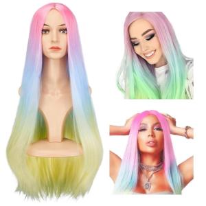imageAGPTEK Full Long Curly Wavy Rainbow Hair Wig Heat Resistant Wig for Music Festival Theme Parties Wedding Concerts Dating Cosplay ampamp MoreLong Straight Wig