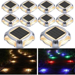imageAGPTEK Metal MultiColors In 1 Solar Driveway Lights Outdoor 10 Pack Aluminum RGB Deck Dock Marine LED Solar Powered Waterproof Decorative Marker Security Light for Garden Yard Step Sidewalk Path10 Pack