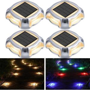 imageAGPTEK Metal MultiColors In 1 Solar Driveway Lights Outdoor 10 Pack Aluminum RGB Deck Dock Marine LED Solar Powered Waterproof Decorative Marker Security Light for Garden Yard Step Sidewalk Path4 Pack