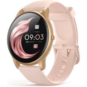 imageAGPTEK Smart Watch for Women Men 5ATM Waterproof Smartwatch for Android and iOS Phones Fitness Tracker Watch with 100 Sports Modes Heart Rate Monitor Pedometer Sleep Monitor BlackRose gold case with pink band