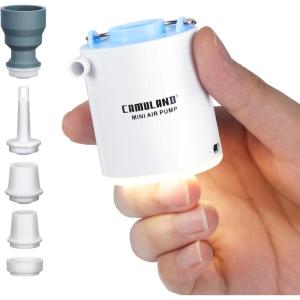 imageCAMULAND Mini Air Pump Sleeping Pad Pump Portable Air Pump for Inflatable with 1300mAh Battery USB Rechargeable Camping Light 5 Nozzles for Air Mattress Pool FloatsVacuum Storage BagBlue