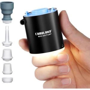 imageCAMULAND Mini Air Pump Sleeping Pad Pump Portable Air Pump for Inflatable with 1300mAh Battery USB Rechargeable Camping Light 5 Nozzles for Air Mattress Pool FloatsVacuum Storage BagBlack