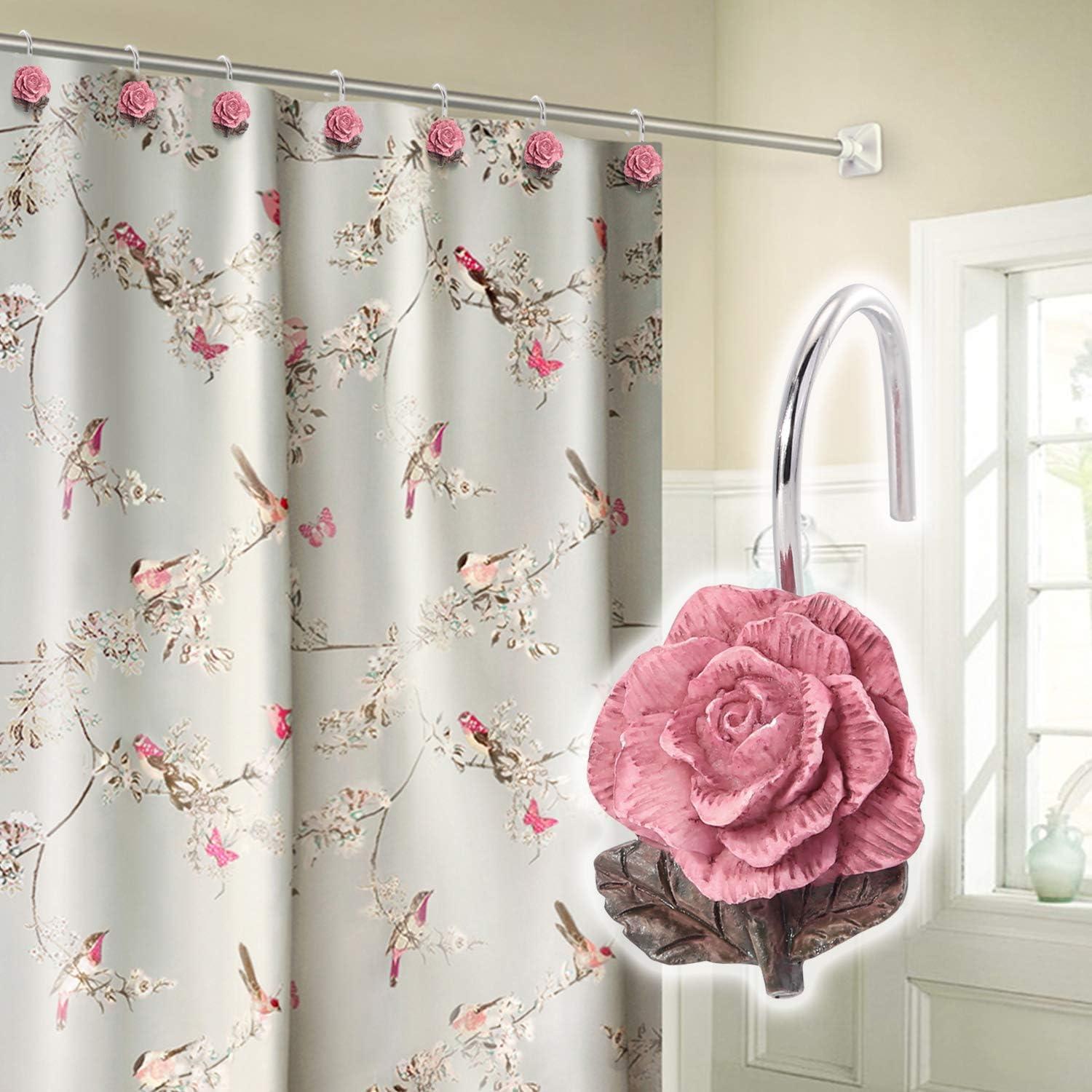 imageAGPTEK Shower Curtain Hooks 12 PCS Anti Rust Decorative Vintage Resin Rose Hooks for BathroomBaby Room Bedroom Living Room