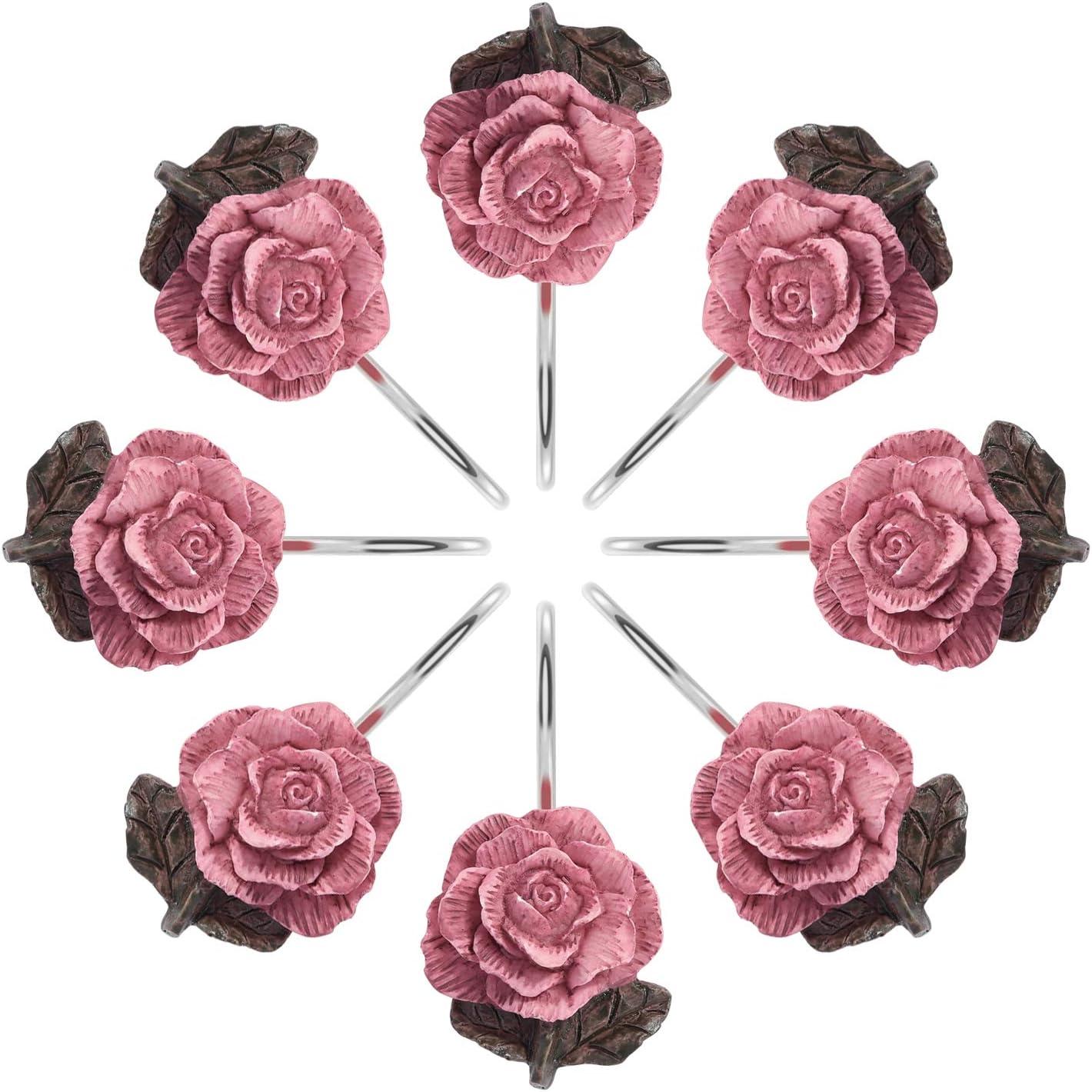 imageAGPTEK Shower Curtain Hooks 12 PCS Anti Rust Decorative Vintage Resin Rose Hooks for BathroomBaby Room Bedroom Living Room