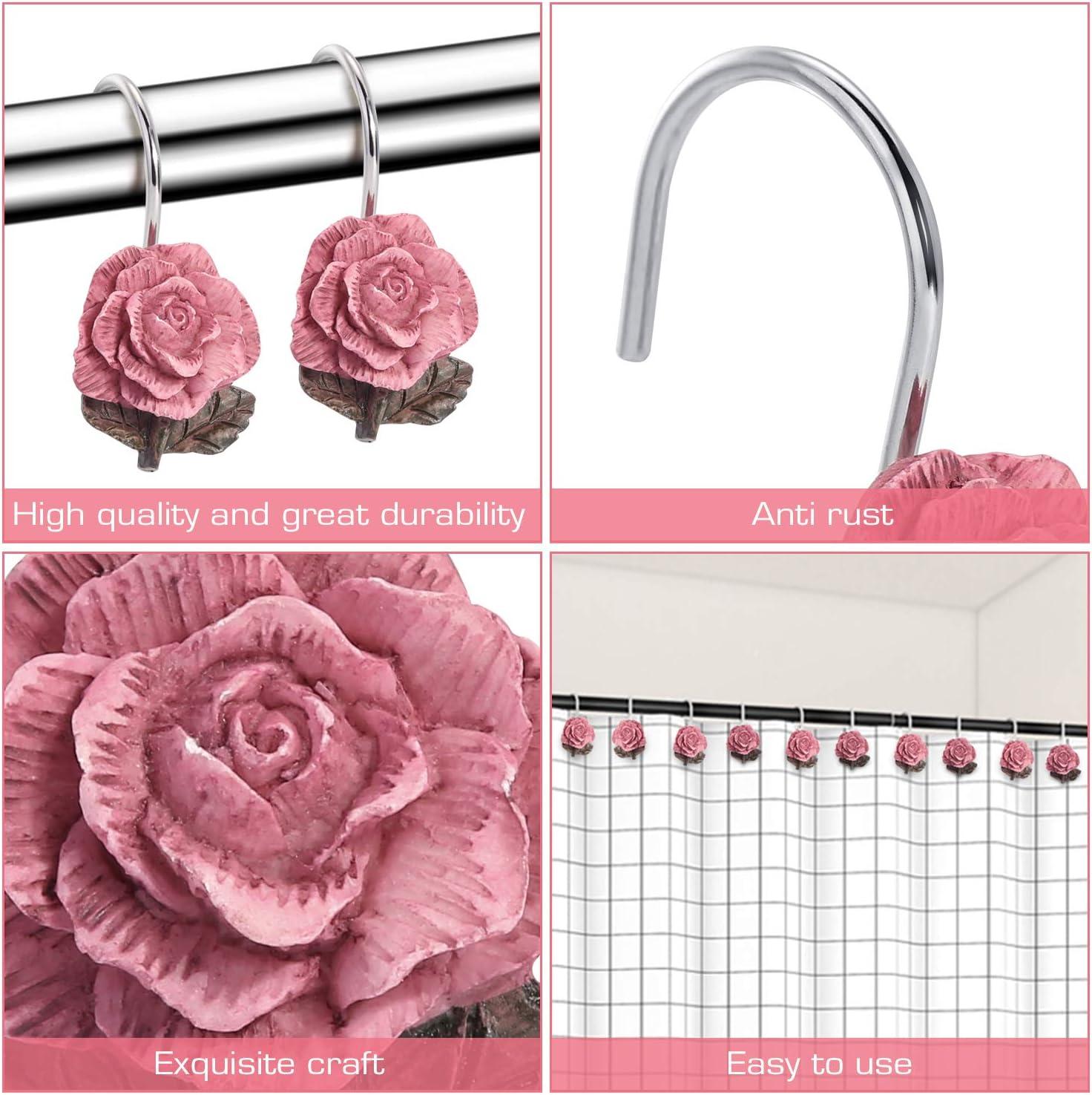 imageAGPTEK Shower Curtain Hooks 12 PCS Anti Rust Decorative Vintage Resin Rose Hooks for BathroomBaby Room Bedroom Living Room