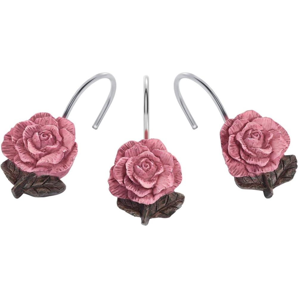 imageAGPTEK Shower Curtain Hooks 12 PCS Anti Rust Decorative Vintage Resin Rose Hooks for BathroomBaby Room Bedroom Living Room