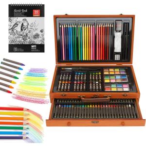 imageAGPTEK Art Set 141Piece Deluxe Art Supplies Kit with Crayons Colored Pencils Sketch Pencils Paint Brushes Sharpener Eraser Wooden Case ampamp Drawing Pad