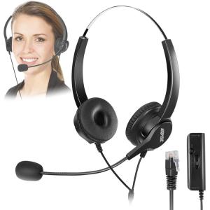 imageAGPTEK HandsFree Call Center Noise Cancelling Corded Binaural Headset Headphone with 4Pin RJ9 Crystal Head and Mic Microphone for Desk Phone  Telephone Counselling Services Insurance Hospitals