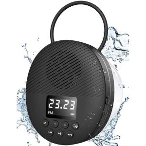imageShower Radio Speaker with Bluetooth 50 AGPTEK Waterproof Wireless Bathroom FM with Suction Cup 12H Long Playback Time Lanyard LCD Screen Display Handsfree Calling Storage Card Playback Black