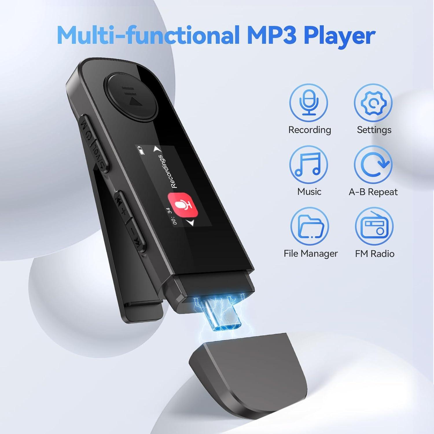 image64GB USB MP3 Player with Bluetooth AGPTEK U5PL 2 in 1 TypeC ampamp USB Music Player with Clip FM Radio Recording Support Mobile Phone ConnectionGrayGray