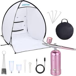 imageAGPTEK Rechargeable Airbrush Kit Bundle with Portable Spray Shelter Portable Airbrush Gun for Make up Tattoo Nail Art Cake Face Paint and Model Painting Pink