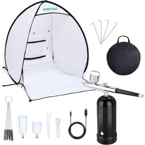 imageAGPTEK Rechargeable Airbrush Kit Bundle with Portable Spray Shelter Portable Airbrush Gun for Make up Tattoo Nail Art Cake Face Paint and Model Painting Black