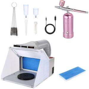 imageAGPTEK Rerchargeable Airbrush Kit Bundle with Spary Booth Kit for Painting Crafts Nails Art Cakes TShirts and Hobby Pink